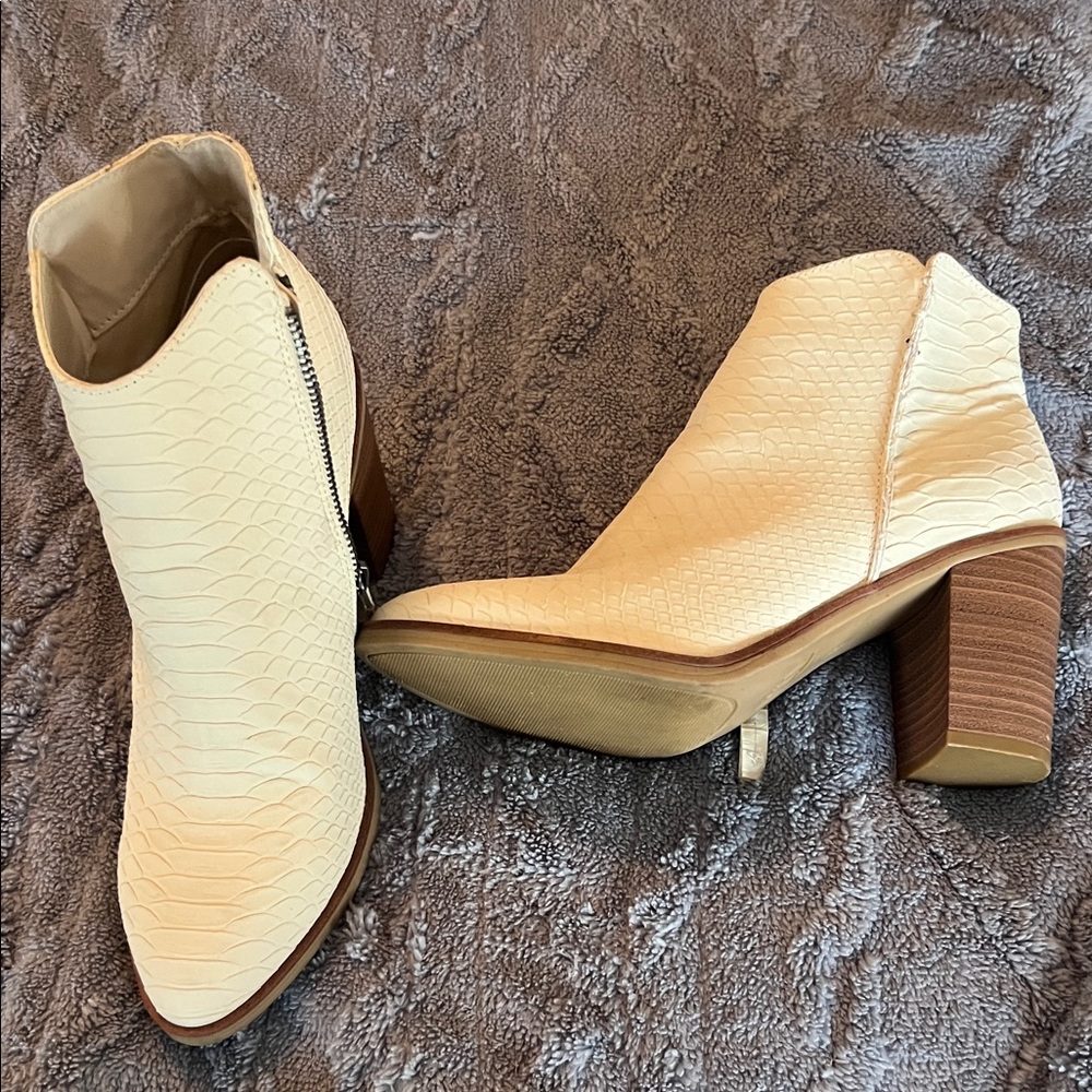 MIA Cream Snakeskin-Texture Ankle Booties with Block Heel